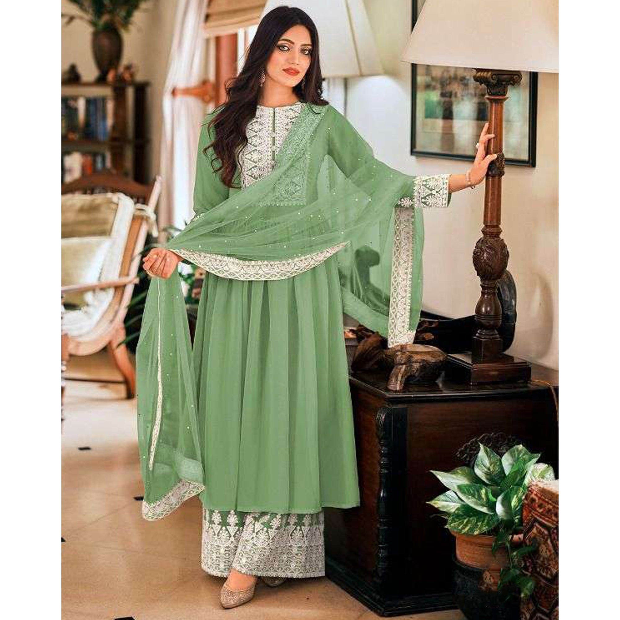 Indian Ethnic Party Wear Green Salwar Plazzo Dress