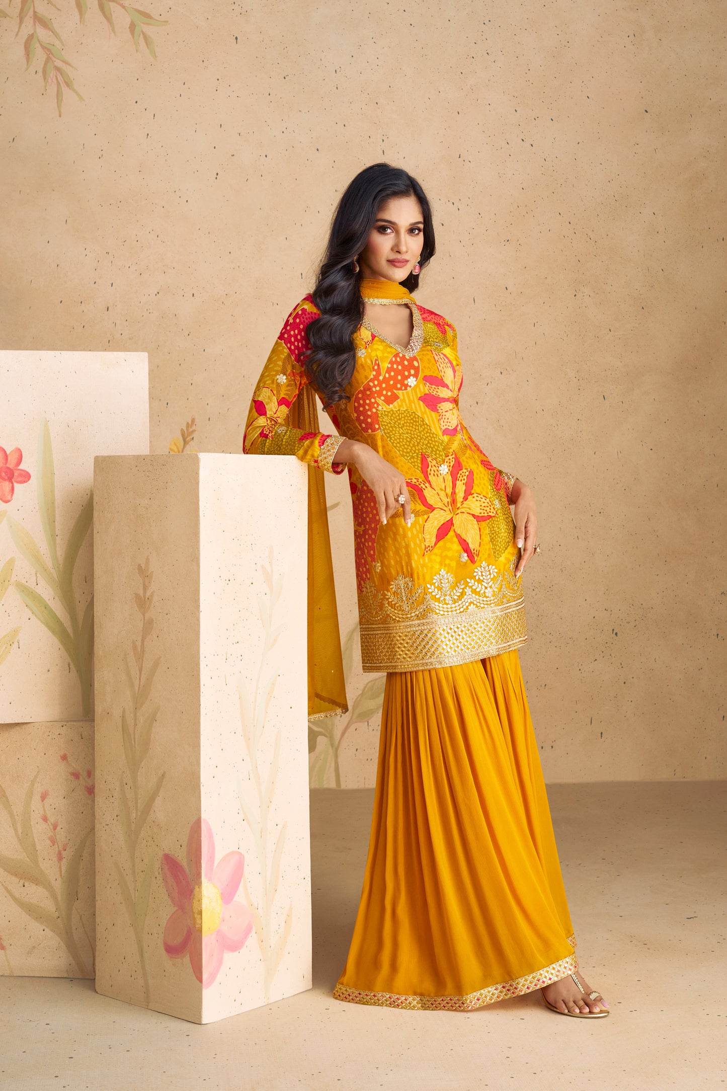 Mustard Yellow Real Chinon Fabric Festival Wear Salwar Kameez Plazzo Suit