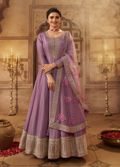 Indian Wedding Wear Heavy Embridery Work Purple Anarkali Gown Suits