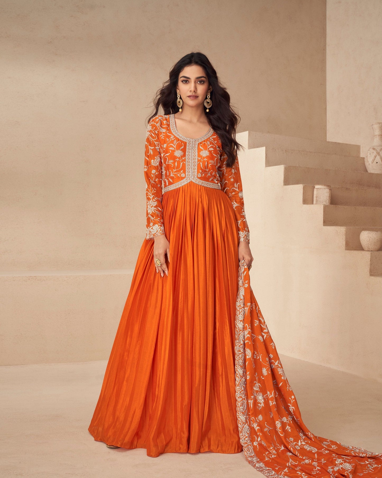 Event Wedding Designer Chinon Silk Anarkali Gown Suit With Dupatta