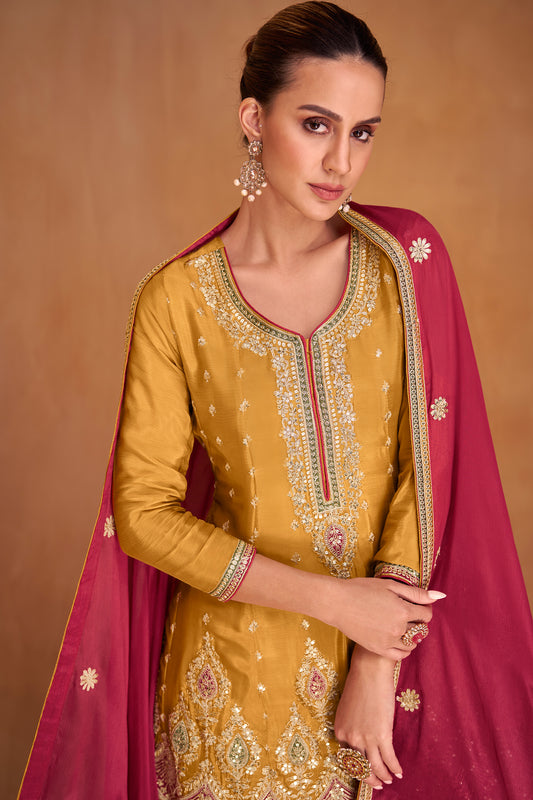 Haldi Function Wear Heavy Embroidery Work Salwar Kameez Palazzo Suits