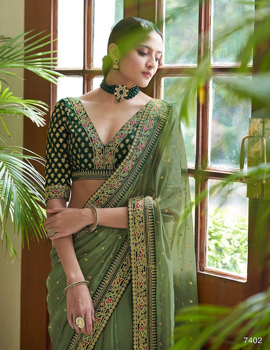 South Indian Wedding Wear Women's Saree Mehendi Function Wear Green Color Sari