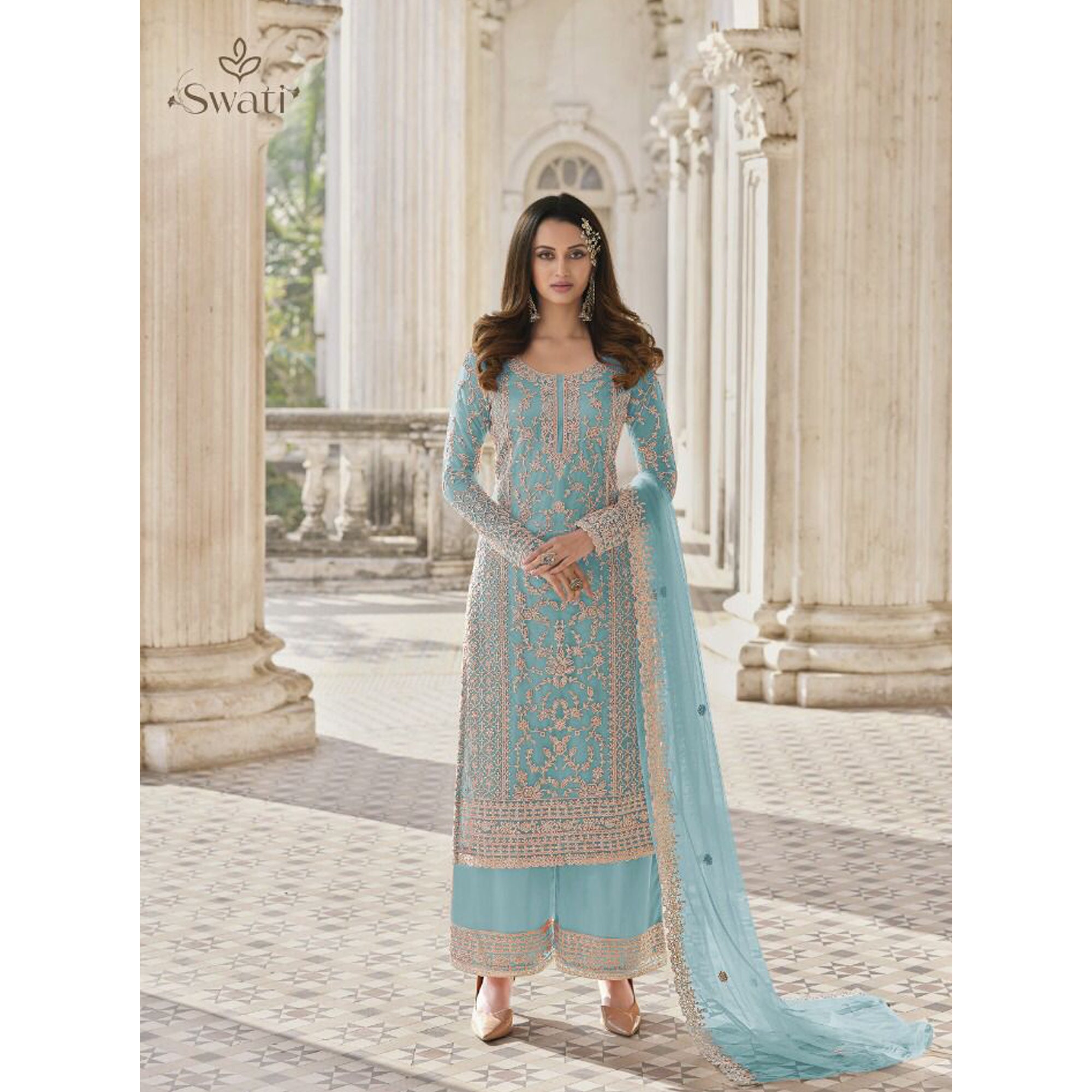 Indian Traditional Wear Salwar Kameez Suits Heavy Net Fabric Plazzo Dresses