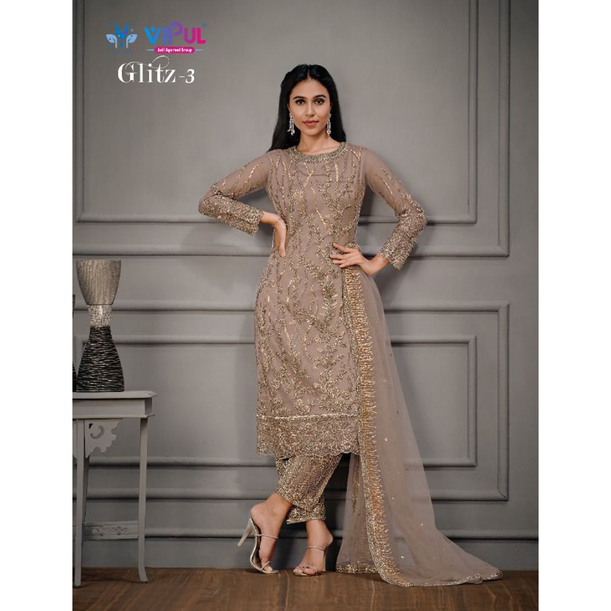 Golden Embroidery Worked Salwar Kameez Suits Net Fabric Trouser Pant Suits