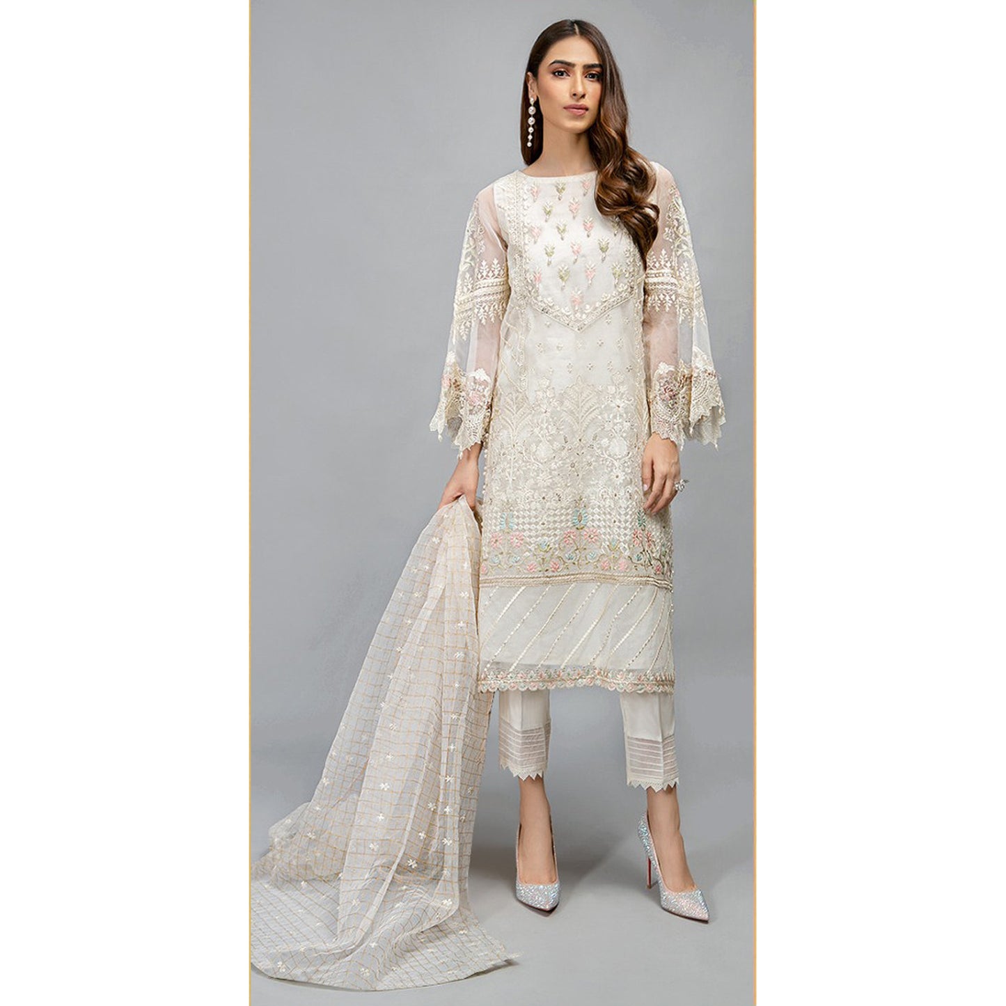 Organza Fabric Pakistani Style Salwar Kameez Trouser Pant Suits With Dupatta