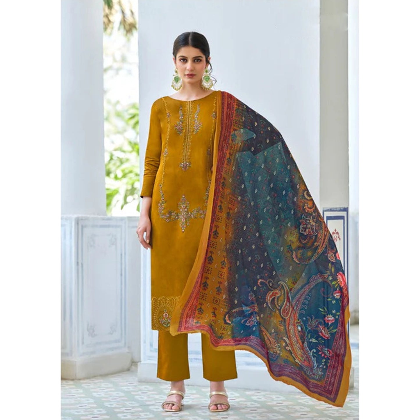 Attractive Designer Heavy Embroidery Work Pure Cotton Fabric Salwar Kameez Pant Suit