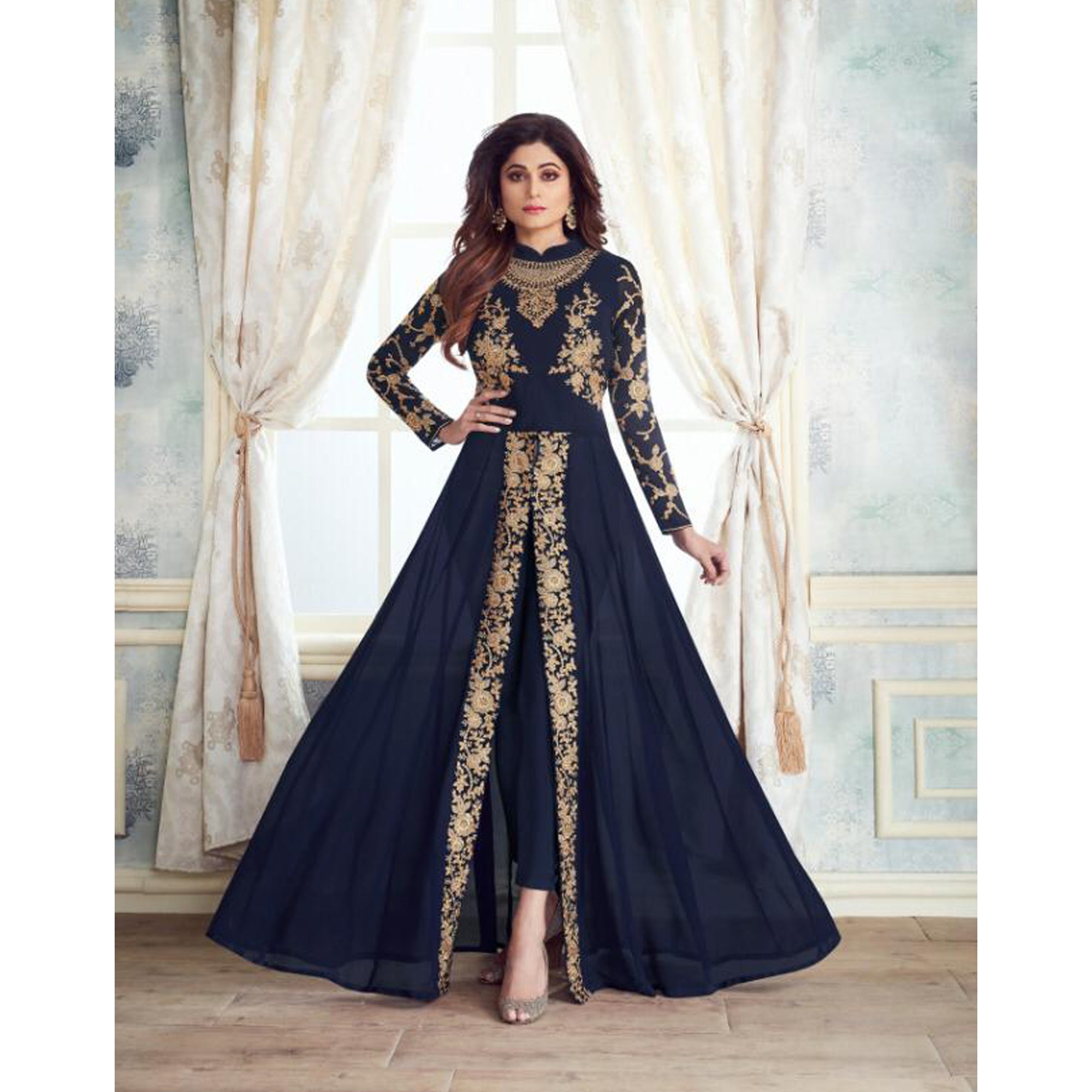 Indian Designer Anarkali Gown Semi-Stitched Georgette Fabric Slit Gown