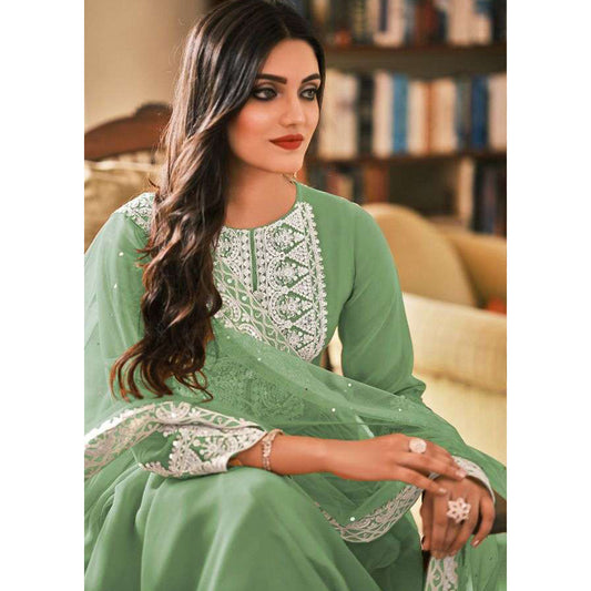 Designer Embroidery Work Salwar Kameez Palazzo Suits With Soft Net Dupatta