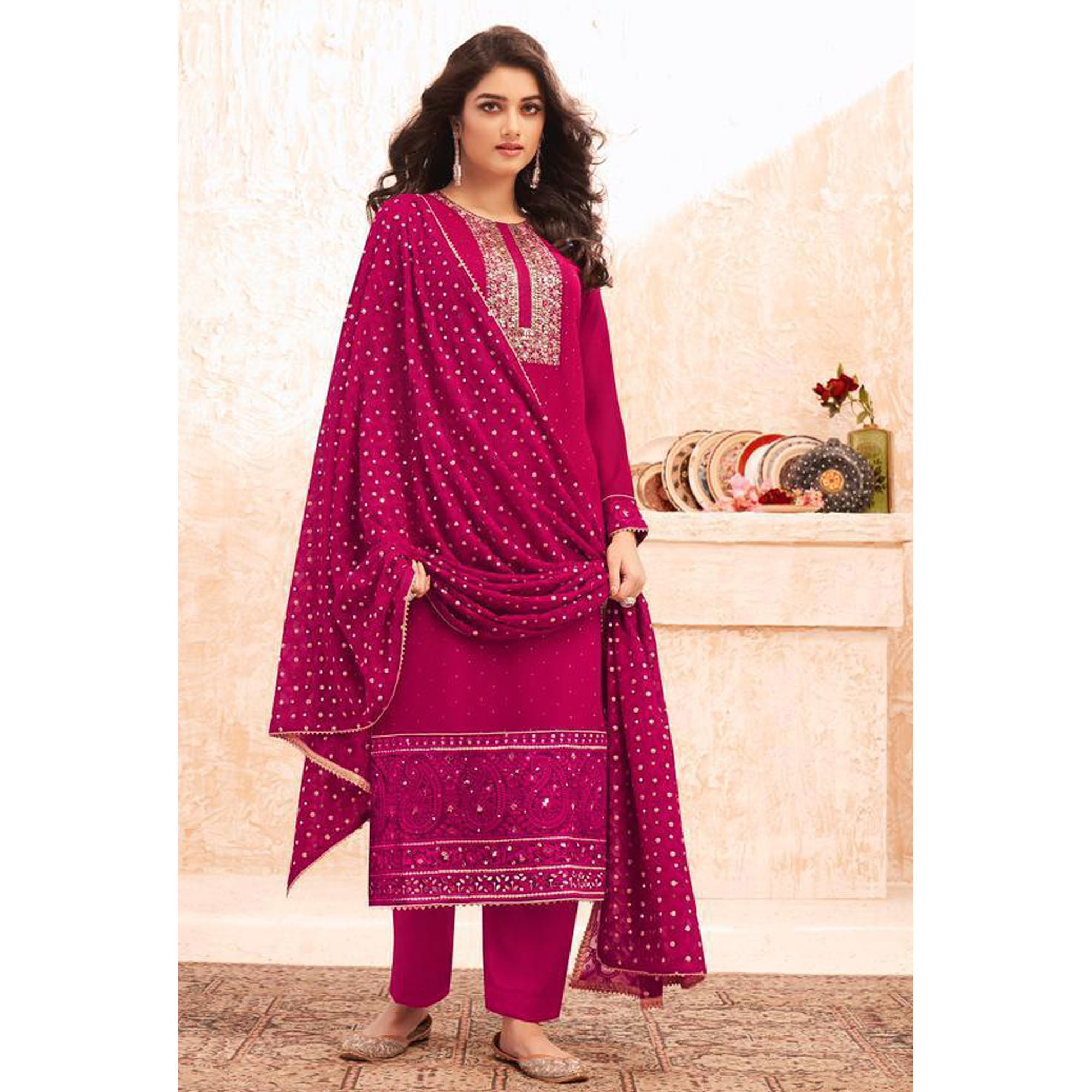 Event Function Wear Salwar Kameez Palazzo Pant Suits With Real Geoegette Dupatta