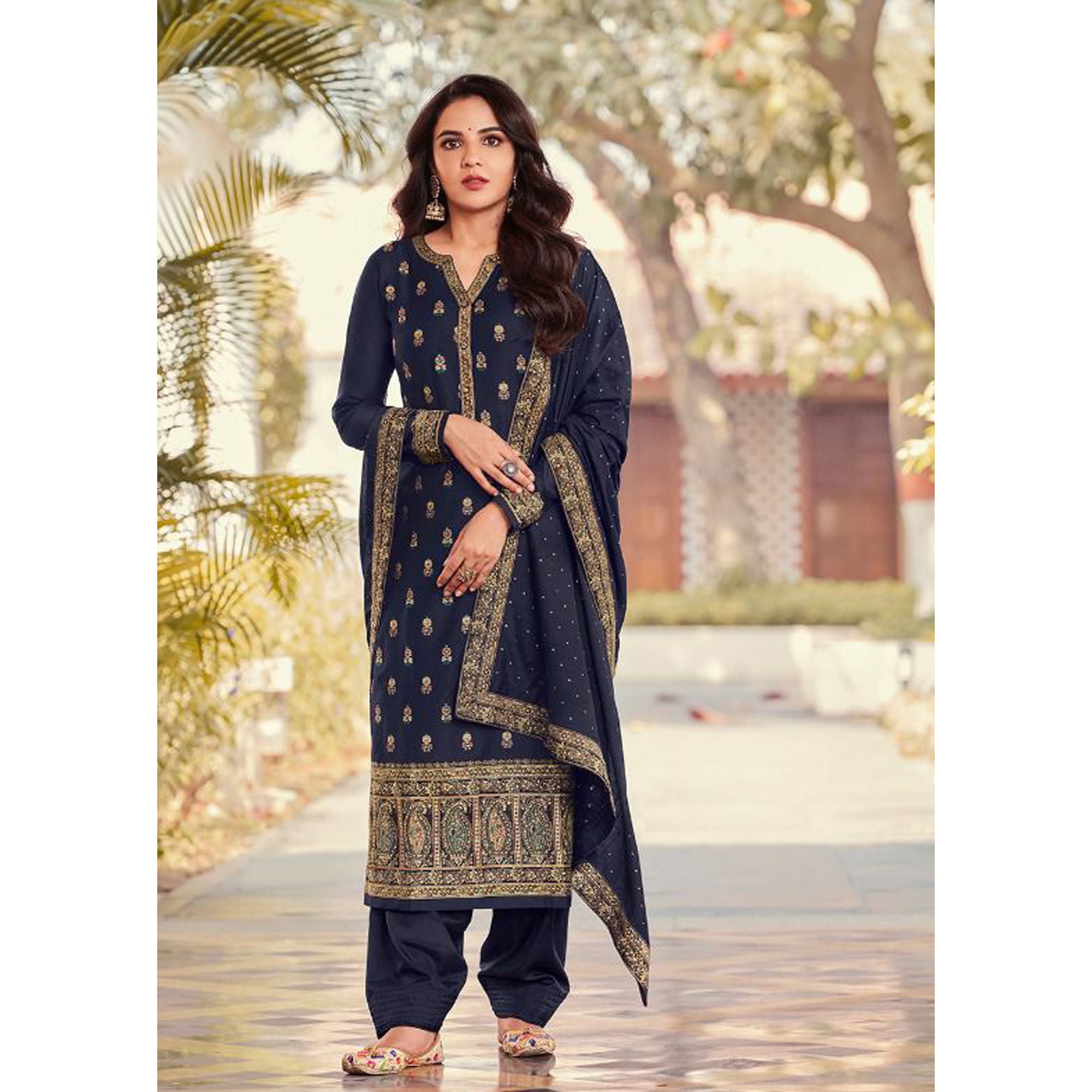 Roka Nikah Wear Salwar Kameez Palazzo-Pant Suits With Dull Santoon Dupatta