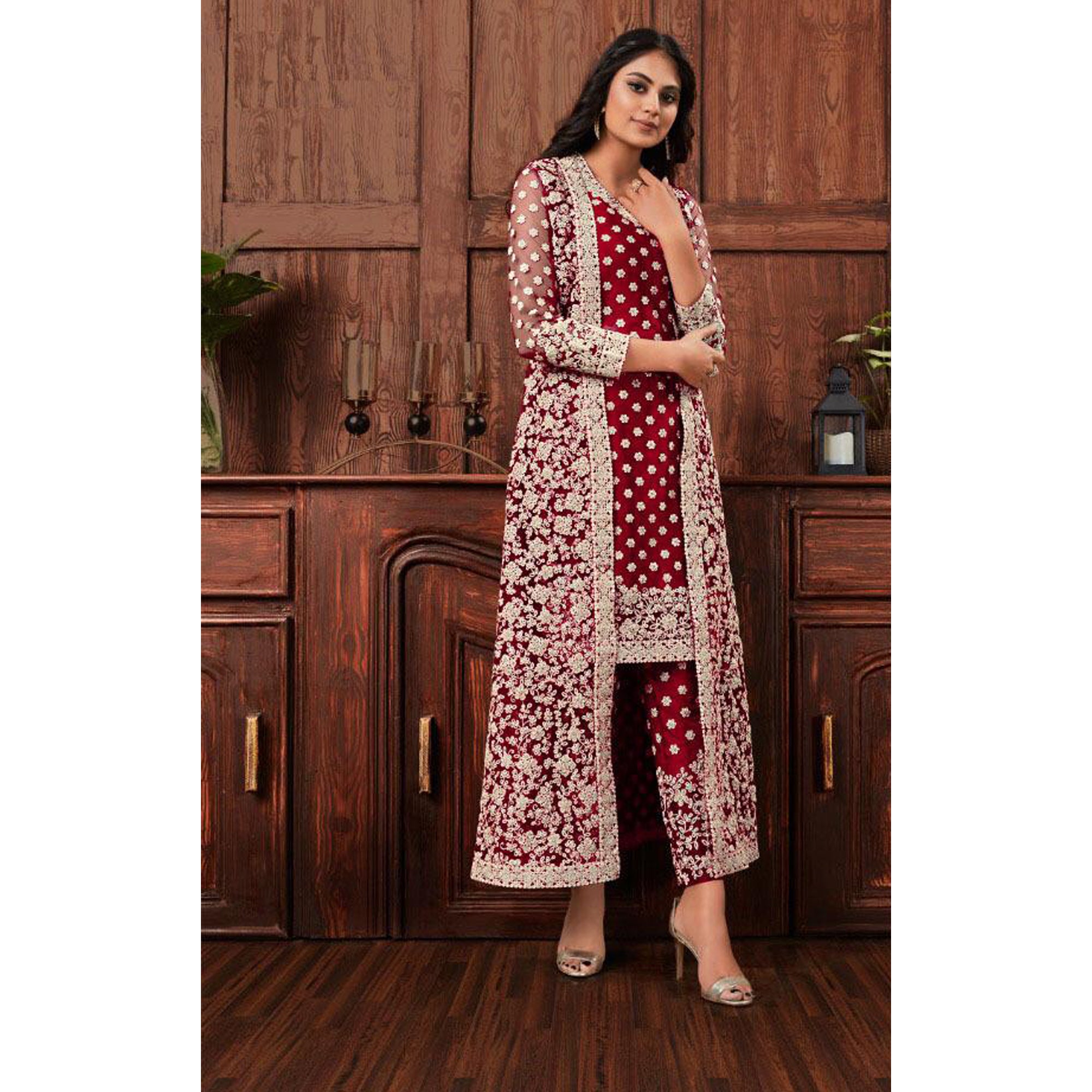 Butterfly Net Fabric Salwar Kameez Shrug Suits Full Embroidery Worked Outfits