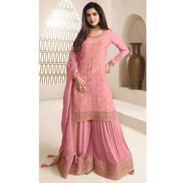 Event Wedding Wear Salwar Kameez Plazzo Pant Suits With Chinon Embroidered Dupatta