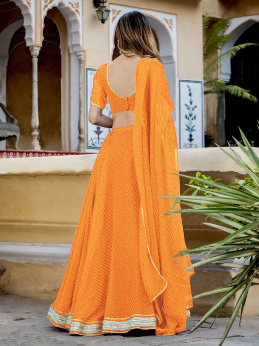 Indian Haldi Function Wear Laheriya Printed Work Lehenga Choli With Georgette Dupatta