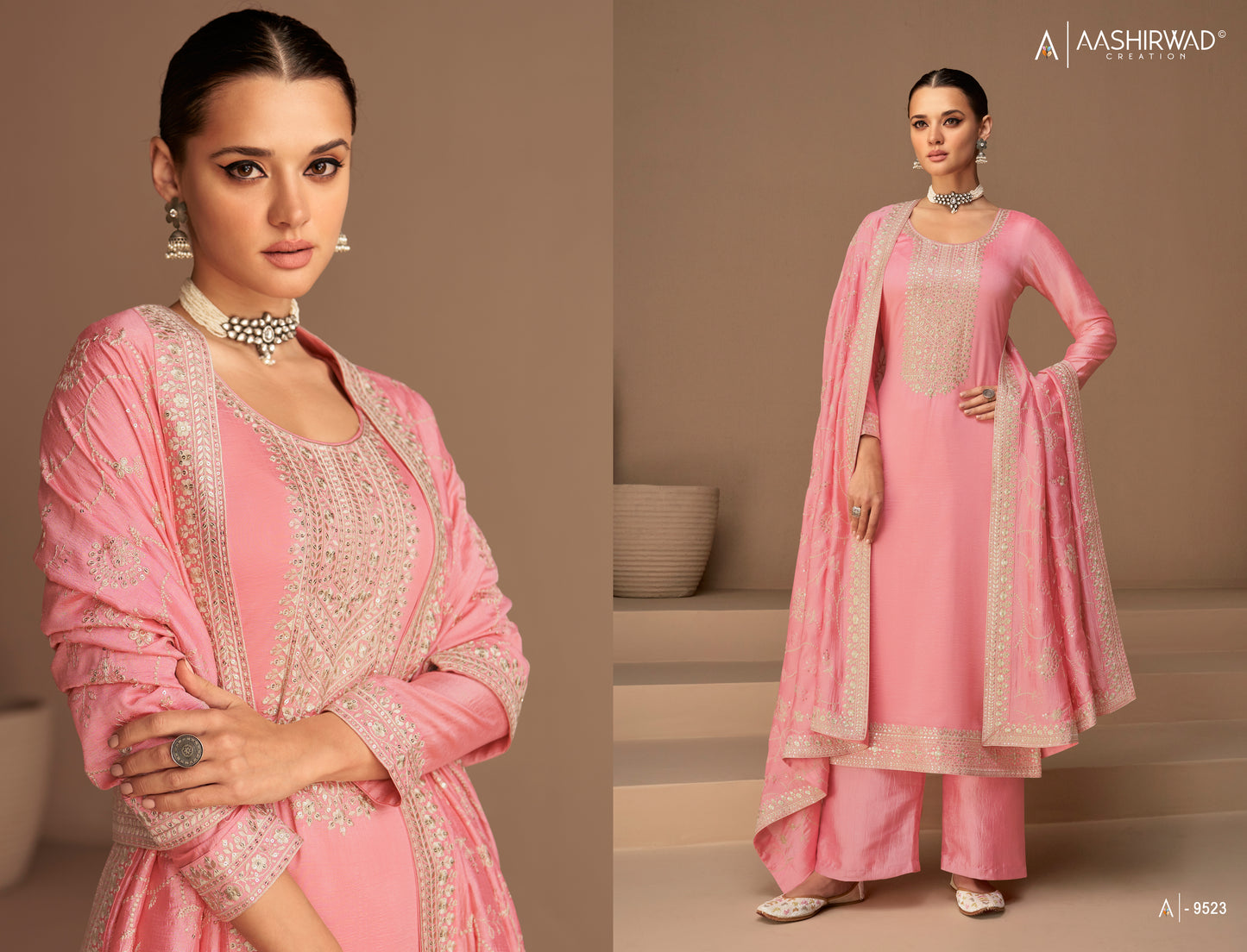 Pink Colour Premium Silk Santoon Fabric Embroidery Work Salwar Kameez Plazzo Suit