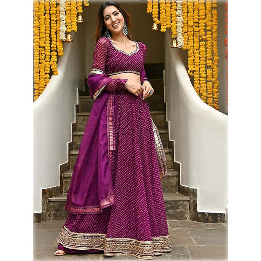 Amazing Designer Purple Color Leheriya Print Work Lehenga Choli With Dupatta