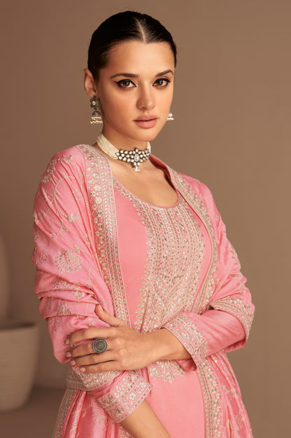 Pink Colour Premium Silk Santoon Fabric Embroidery Work Salwar Kameez Plazzo Suit