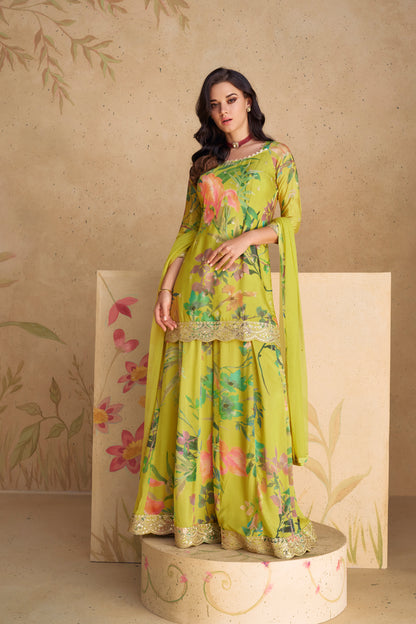 Pakistani Haldi Function Wear Real Chinon Fabric Salwar Kameez Plazzo Suit With Net Dupatta