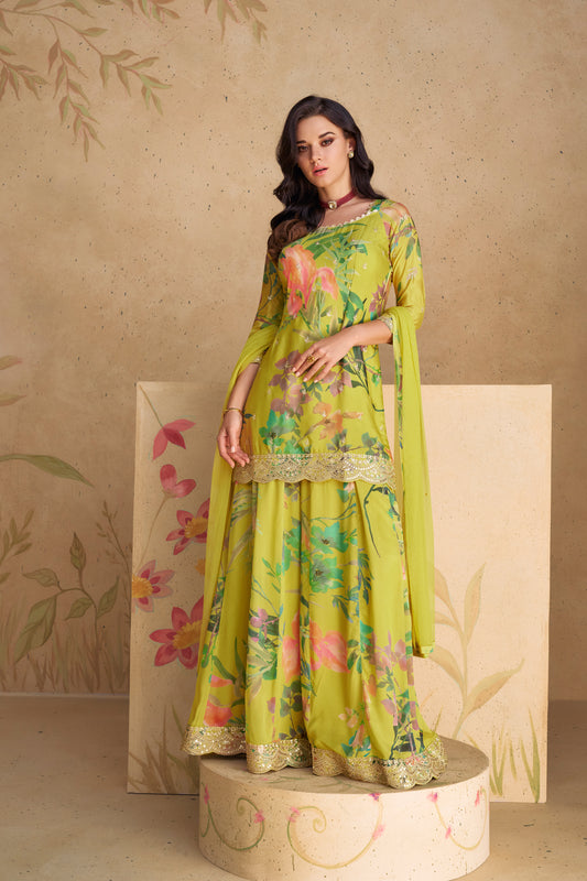 Pakistani Haldi Function Wear Real Chinon Fabric Salwar Kameez Plazzo Suit With Net Dupatta