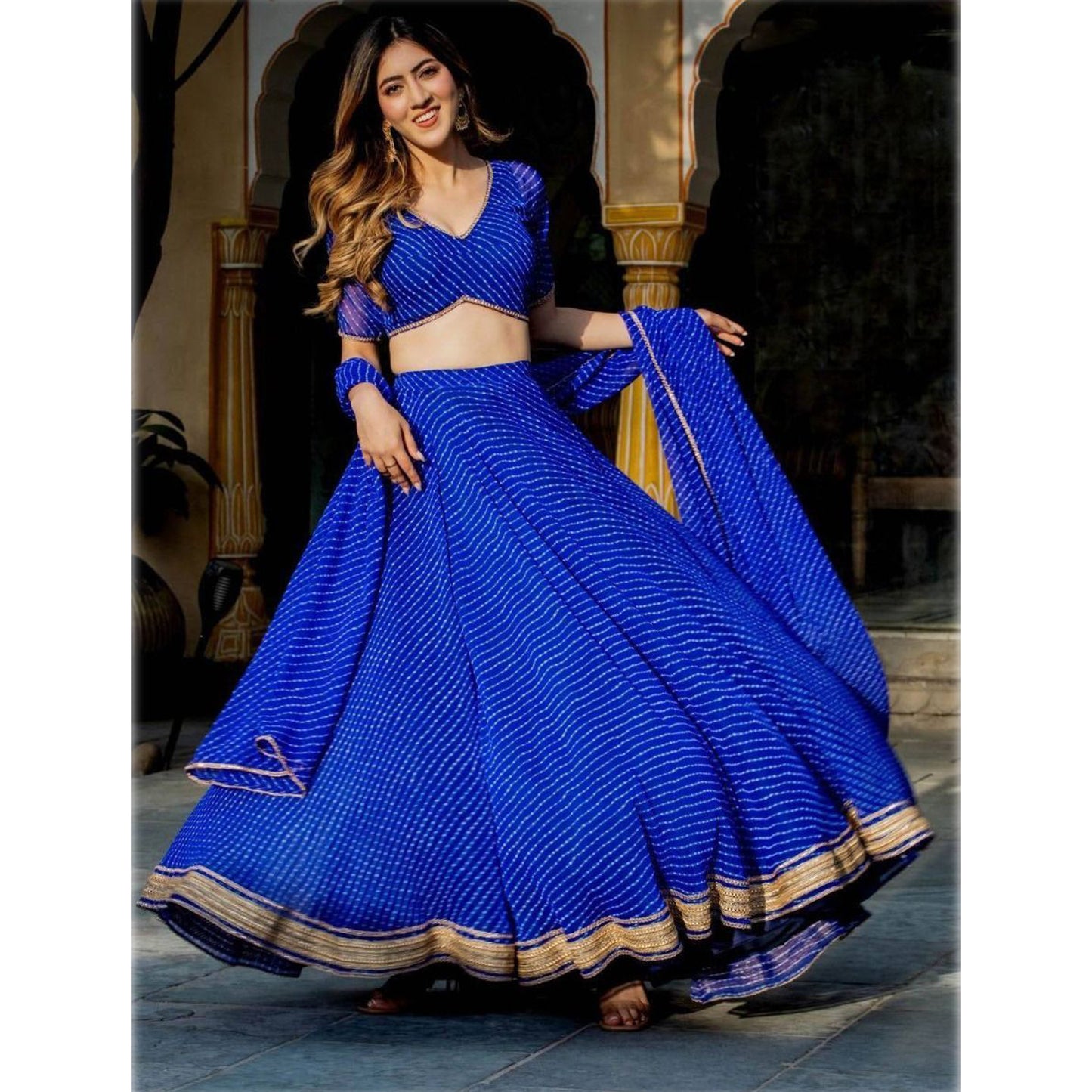 Indian Pakistani Roka Nikah Wear Laheriya Printed Work Blue Color Lehenga Choli