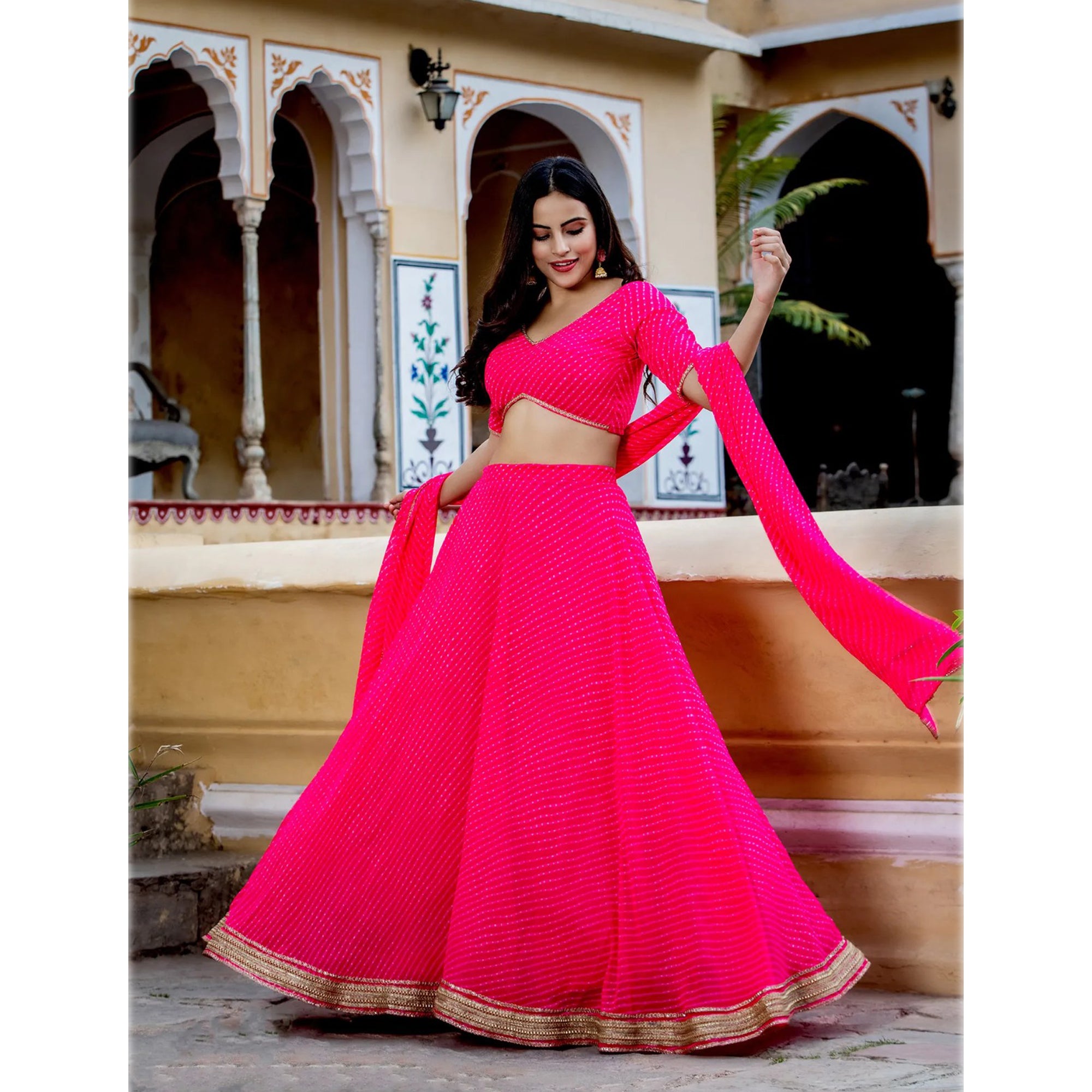 Beautiful Pink Color Georgette Fabric Party Wear Lehenga Choli