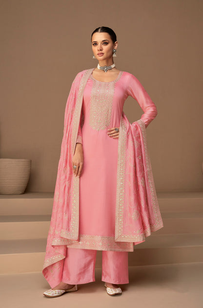 Pink Colour Premium Silk Santoon Fabric Embroidery Work Salwar Kameez Plazzo Suit