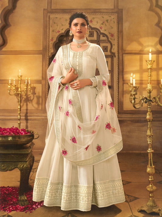 Indian Wedding Wear With Ambroidered White Anarkali Suit