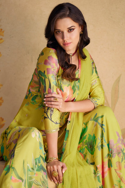 Pakistani Haldi Function Wear Real Chinon Fabric Salwar Kameez Plazzo Suit With Net Dupatta