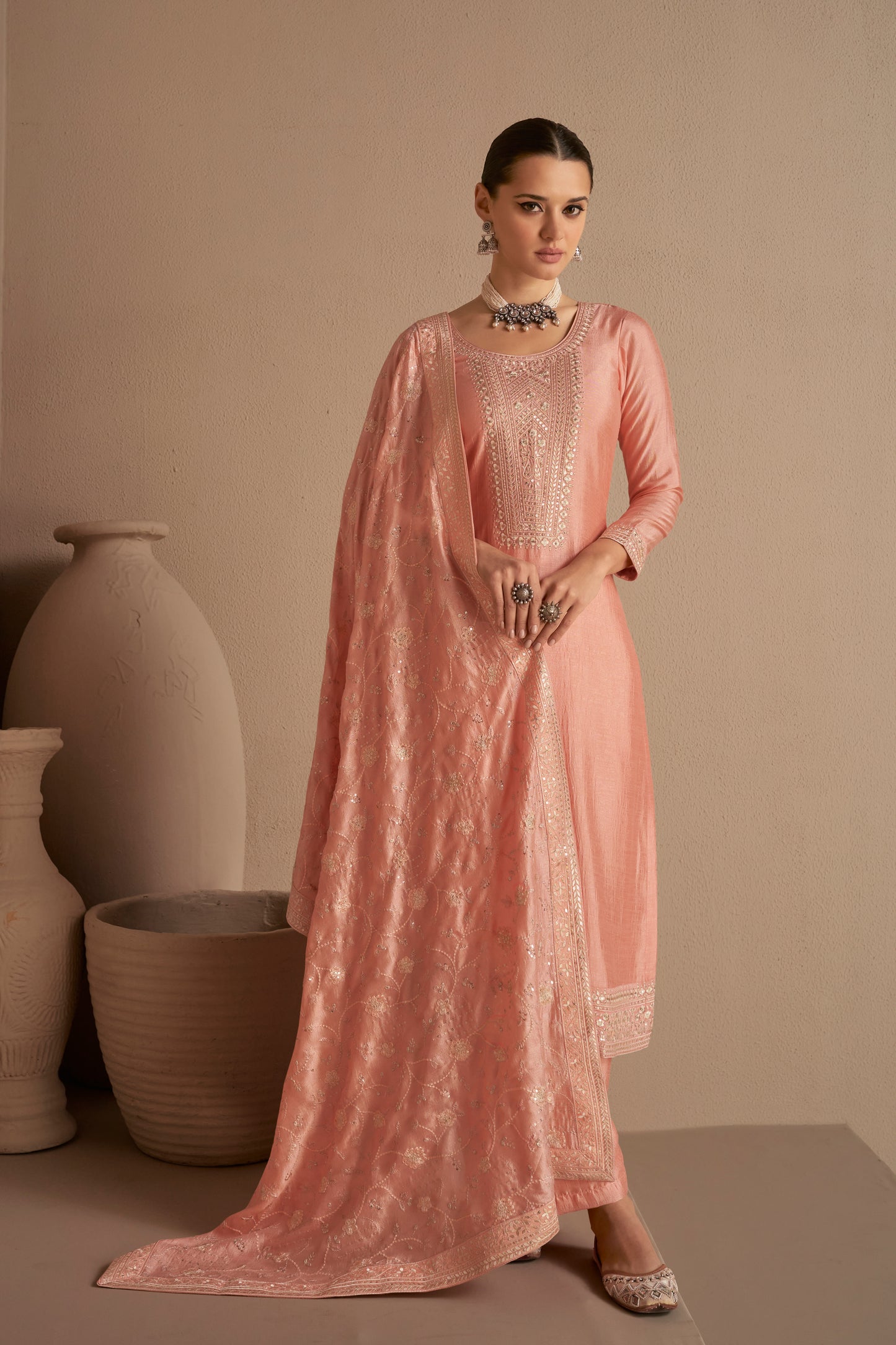 Elegant Designer Santoon Silk With Embroidery Work Salwar Kameez Plazzo Suit